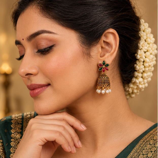 Antique Gold Floral Jhumka Earrings with Green & Pink Stones