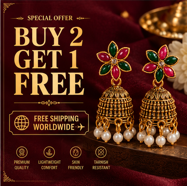 Antique Gold Floral Jhumka Earrings with Green & Pink Stones