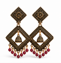 Antique Gold Geometric Dangler Earrings with Maroon Bead Drops