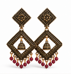 Antique Gold Geometric Dangler Earrings with Maroon Bead Drops