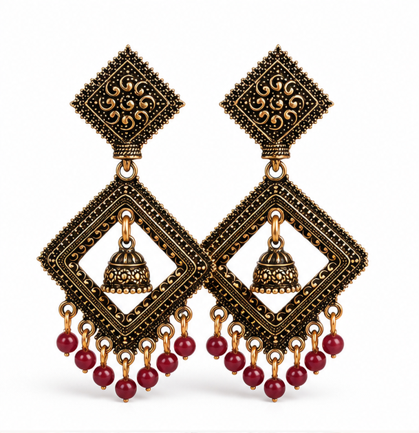 Antique Gold Geometric Dangler Earrings with Maroon Bead Drops