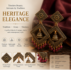 Antique Gold Geometric Dangler Earrings with Maroon Bead Drops