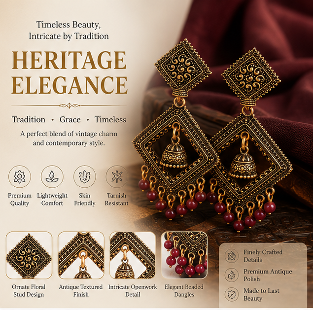 Antique Gold Geometric Dangler Earrings with Maroon Bead Drops