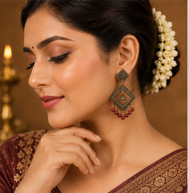 Antique Gold Geometric Dangler Earrings with Maroon Bead Drops