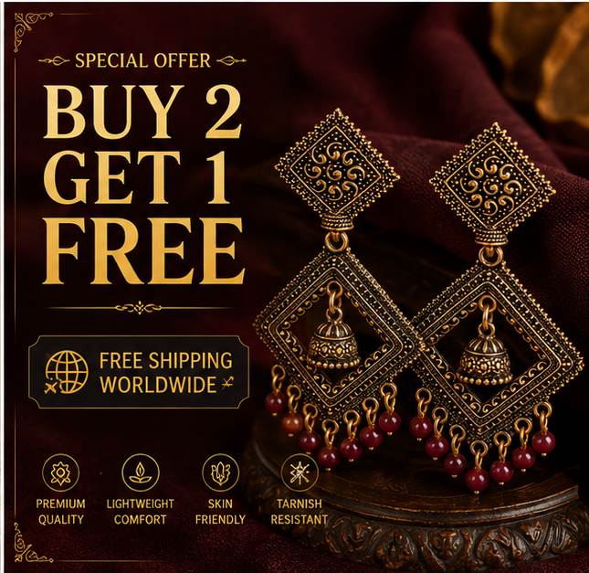 Antique Gold Geometric Dangler Earrings with Maroon Bead Drops