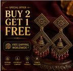 Antique Gold Geometric Dangler Earrings with Maroon Bead Drops