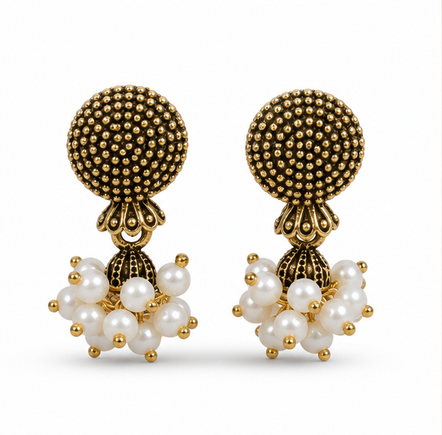 Antique Gold Pearl Cluster Statement Earrings