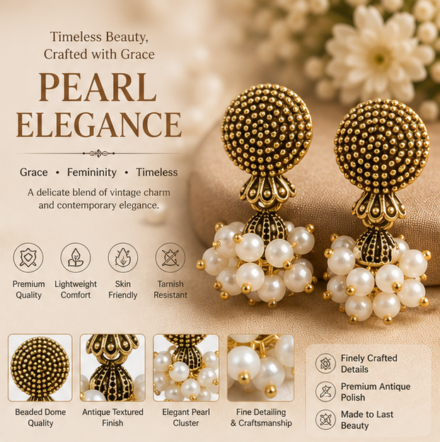 Antique Gold Pearl Cluster Statement Earrings
