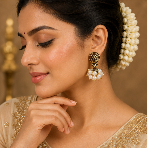 Antique Gold Pearl Cluster Statement Earrings