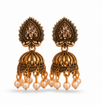 Antique Gold Leaf Pearl Jhumka Earrings with Crystal Accents