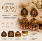 Antique Gold Leaf Pearl Jhumka Earrings with Crystal Accents