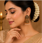Antique Gold Leaf Pearl Jhumka Earrings with Crystal Accents