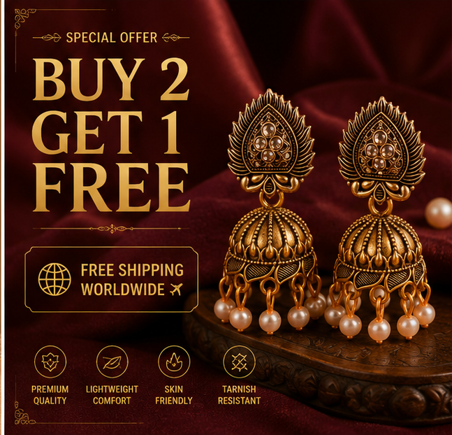 Antique Gold Leaf Pearl Jhumka Earrings with Crystal Accents