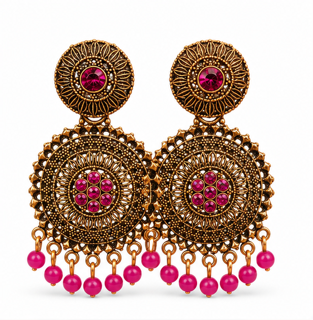 Antique Gold Circular Statement Earrings with Pink Stone and Bead Drops