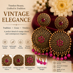 Antique Gold Circular Statement Earrings with Pink Stone and Bead Drops