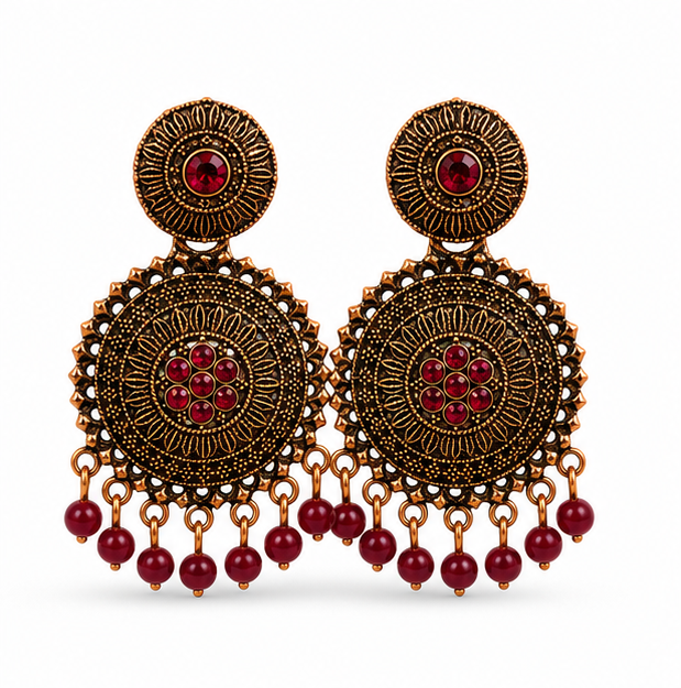 Antique Gold Circular Statement Earrings with Ruby Stone and Maroon Beads