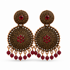 Antique Gold Circular Statement Earrings with Ruby Stone and Maroon Beads