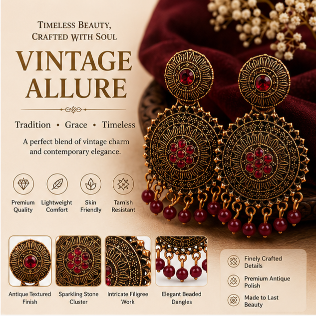 Antique Gold Circular Statement Earrings with Ruby Stone and Maroon Beads