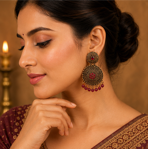 Antique Gold Circular Statement Earrings with Ruby Stone and Maroon Beads