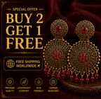 Antique Gold Circular Statement Earrings with Ruby Stone and Maroon Beads