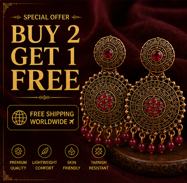 Antique Gold Circular Statement Earrings with Ruby Stone and Maroon Beads