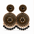 Antique Gold Circular Statement Earrings with Black Bead Fringe