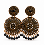 Antique Gold Circular Statement Earrings with Black Bead Fringe