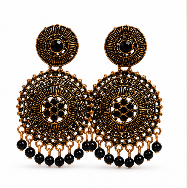 Antique Gold Circular Statement Earrings with Black Bead Fringe