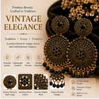 Antique Gold Circular Statement Earrings with Black Bead Fringe