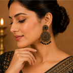 Antique Gold Circular Statement Earrings with Black Bead Fringe