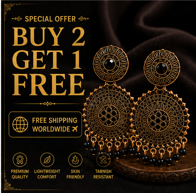 Antique Gold Circular Statement Earrings with Black Bead Fringe