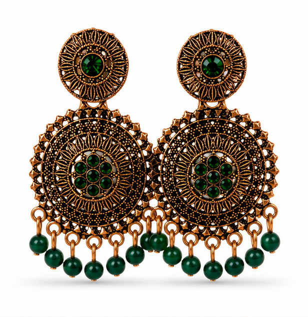 Antique Gold Circular Statement Earrings with Green Stones & Bead Fringe
