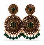 Antique Gold Circular Statement Earrings with Green Stones & Bead Fringe