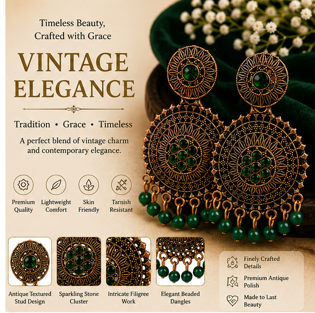 Antique Gold Circular Statement Earrings with Green Stones & Bead Fringe