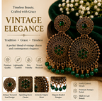 Antique Gold Circular Statement Earrings with Green Stones & Bead Fringe