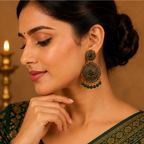 Antique Gold Circular Statement Earrings with Green Stones & Bead Fringe