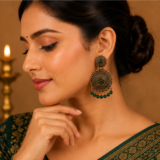 Antique Gold Circular Statement Earrings with Green Stones & Bead Fringe