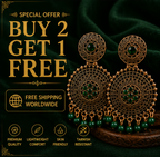 Antique Gold Circular Statement Earrings with Green Stones & Bead Fringe