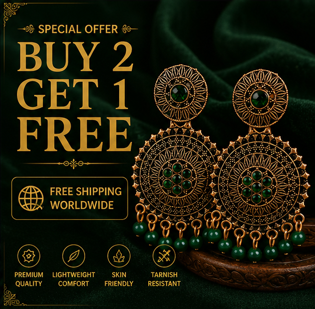 Antique Gold Circular Statement Earrings with Green Stones & Bead Fringe