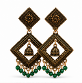 Antique Gold Geometric Dangler Earrings with Green Bead Drops