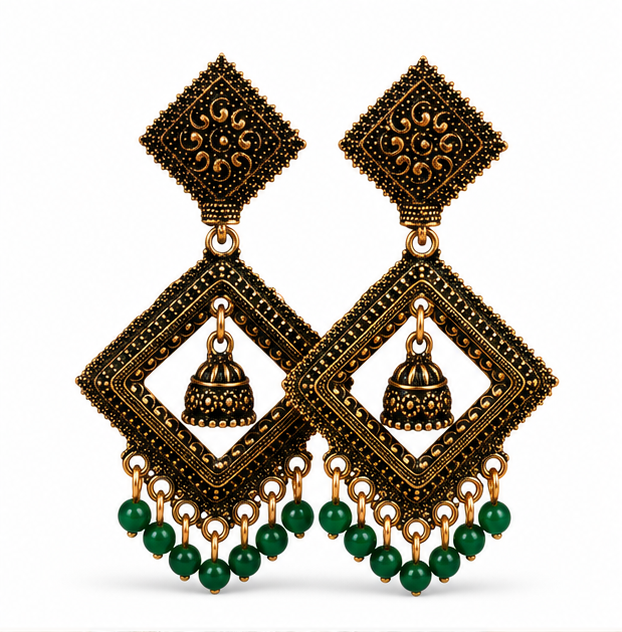 Antique Gold Geometric Dangler Earrings with Green Bead Drops