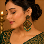 Antique Gold Geometric Dangler Earrings with Green Bead Drops
