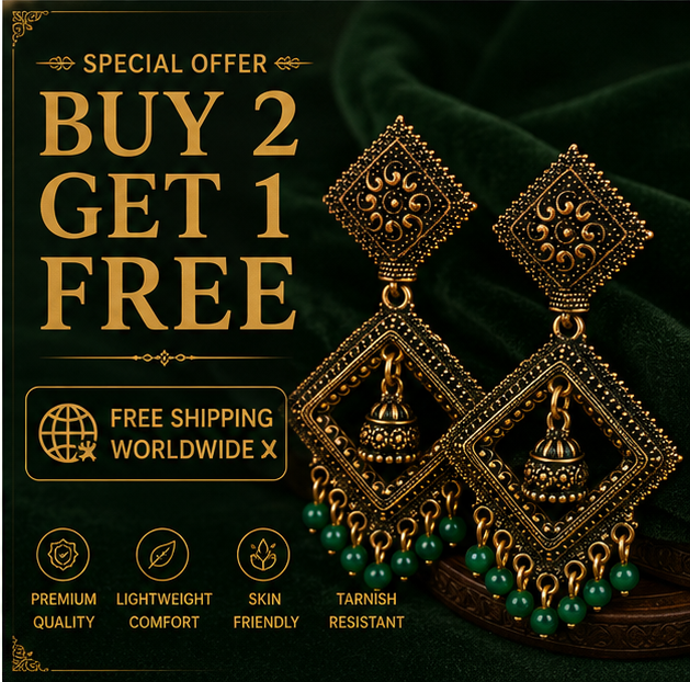 Antique Gold Geometric Dangler Earrings with Green Bead Drops