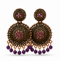 Antique Gold Circular Statement Earrings with Purple Stones & Bead Fringe
