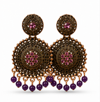 Antique Gold Circular Statement Earrings with Purple Stones & Bead Fringe
