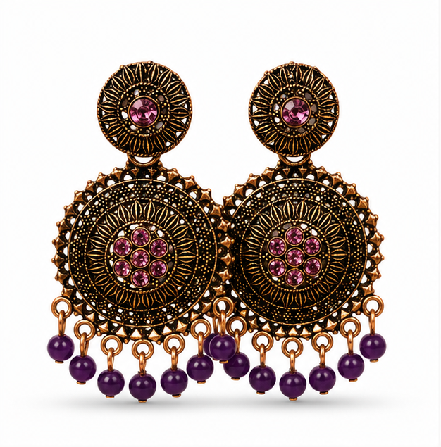 Antique Gold Circular Statement Earrings with Purple Stones & Bead Fringe
