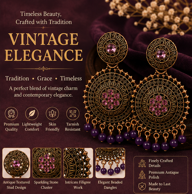 Antique Gold Circular Statement Earrings with Purple Stones & Bead Fringe