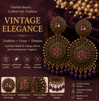 Antique Gold Circular Statement Earrings with Purple Stones & Bead Fringe
