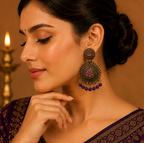 Antique Gold Circular Statement Earrings with Purple Stones & Bead Fringe