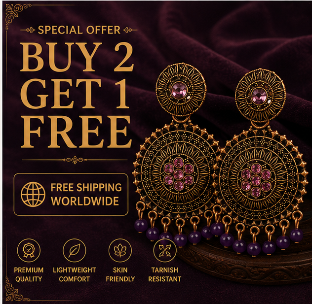 Antique Gold Circular Statement Earrings with Purple Stones & Bead Fringe